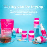 Trying can be trying. We want to be part of your journey, which is why we created an array of products just for you. Pink Stork fertility teas, supplements, and cream on a blue background.