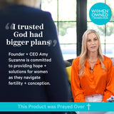 "I trusted God had bigger plans." Founder + CEO Amy Suzanne is committed to providing hope + solutions for women as they navigate fertility + conception. This product was prayed over. Amy sitting in front of windows doing an interview.