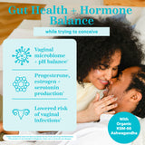 Gut Health + Hormone Balance while trying to conceive. Vaginal microbiome + pH balance. Progesterone, estrogen, + serotonin production. Lowered risk of vaginal infection. African American couple laying in bed touching noses about to kiss. 