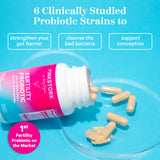 Pink Stork Fertility Probiotic bottle laying on its side with capsules spilling out on a blue background. 6 Clinically Studied Probiotic Strains. 1st Fertility Probiotic on the market.