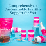 Pink Stork Fertility products on a blue background. Comprehensive + customizable fertility support for you.