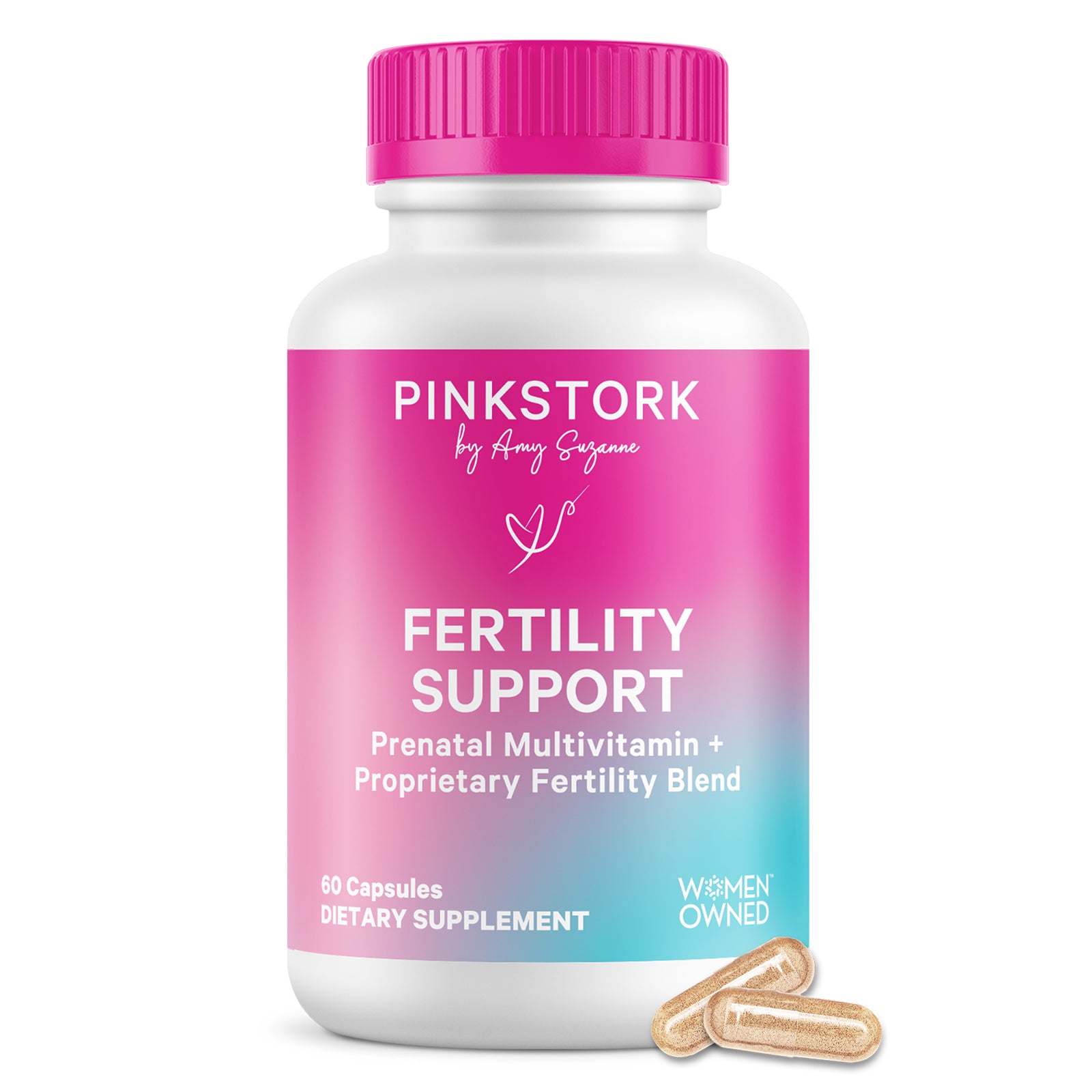 Pink Stork fertility support supplement bottle with pink cap on a white background