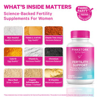 Fertility supplement product with ingredients and Pink Stork branding on a white background