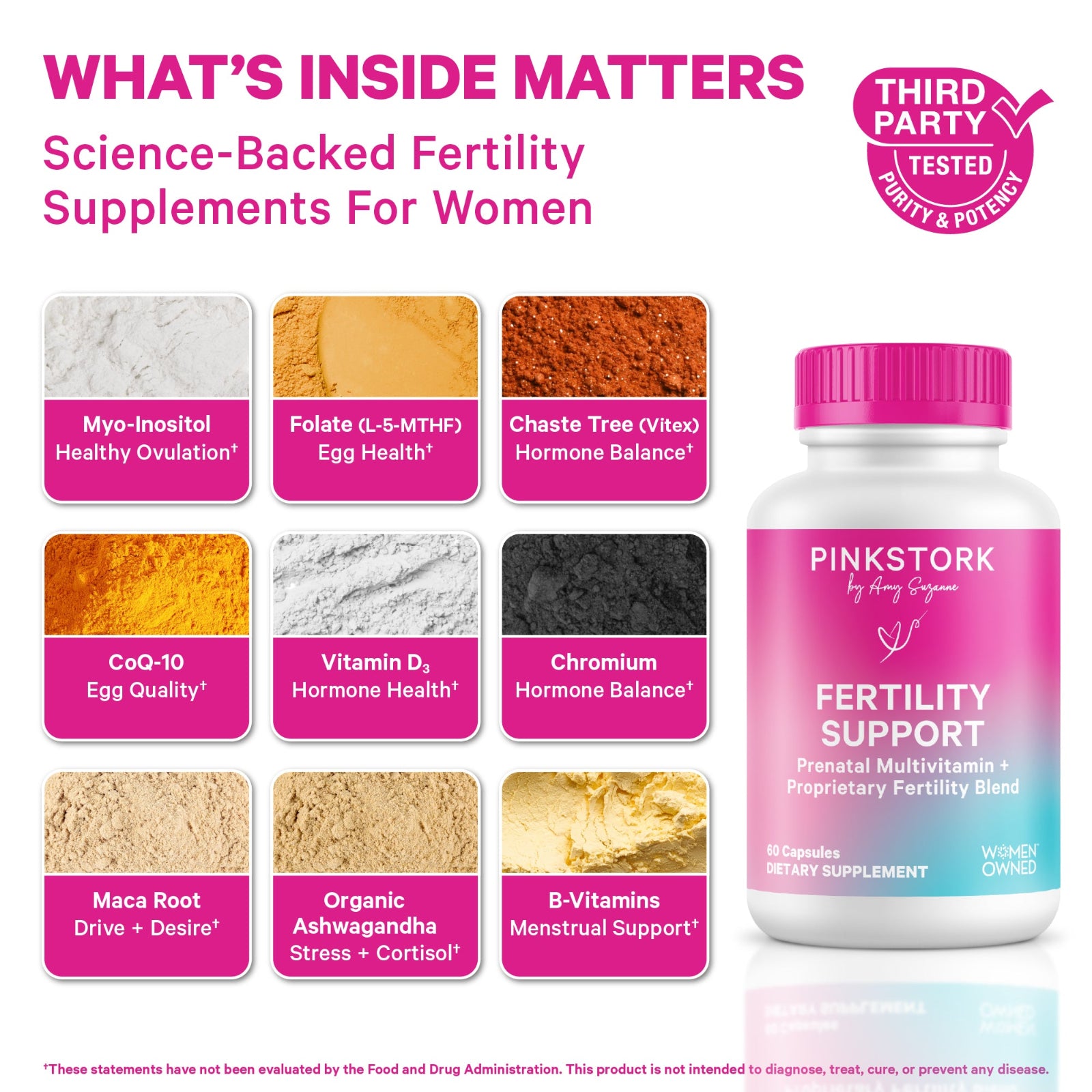 Fertility supplement product with ingredients and Pink Stork branding on a white background