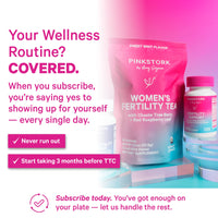 Pink Stork women's fertility tea and supplement packaging with promotional text on a pink and white background.