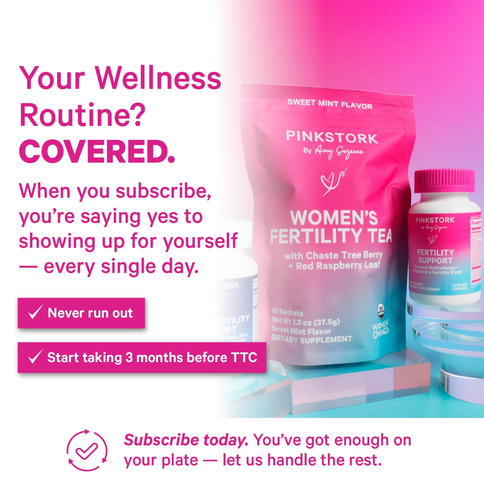 Pink Stork women's fertility tea and supplement packaging with promotional text on a pink and white background.