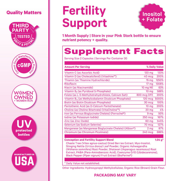 Supplement label for fertility support with various certifications and details on a pink background.