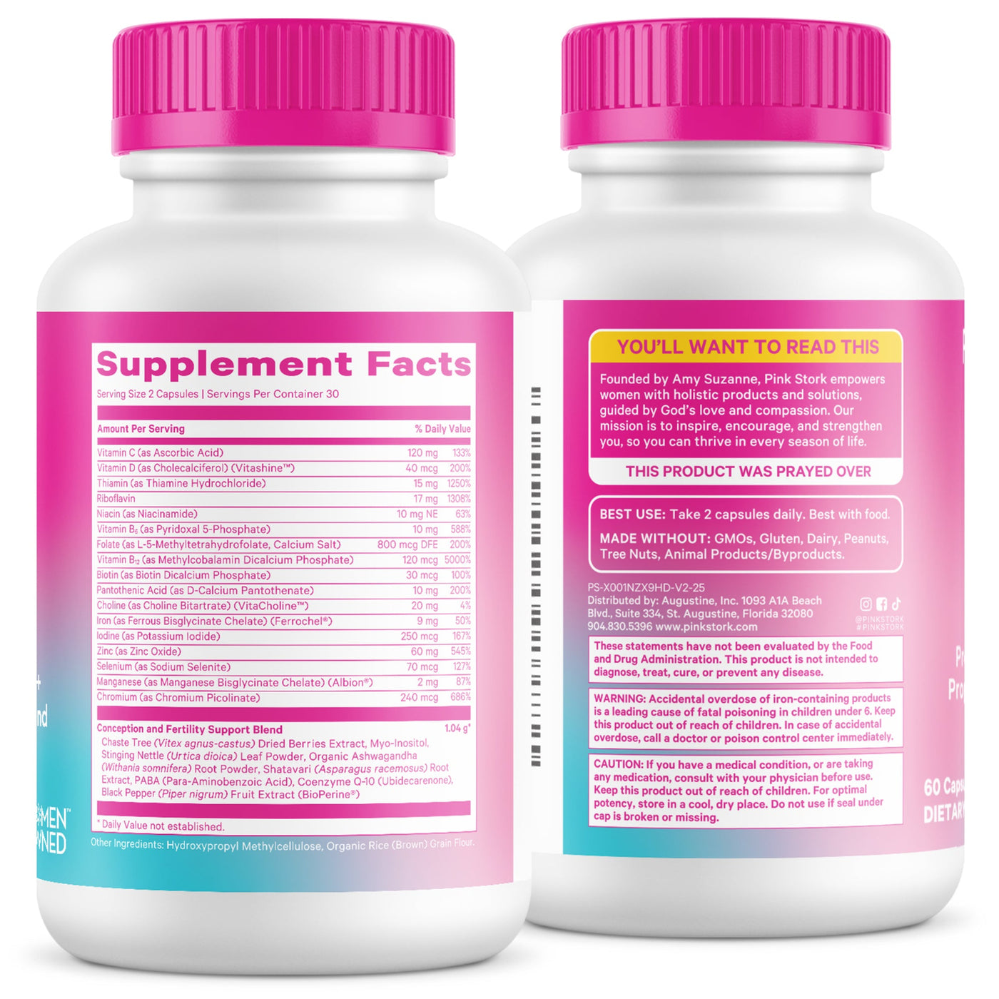 Two supplement bottles with pink caps and labels on a white background