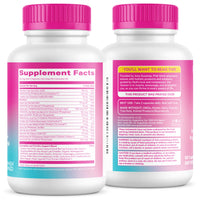 Two supplement bottles with pink caps and labels on a white background