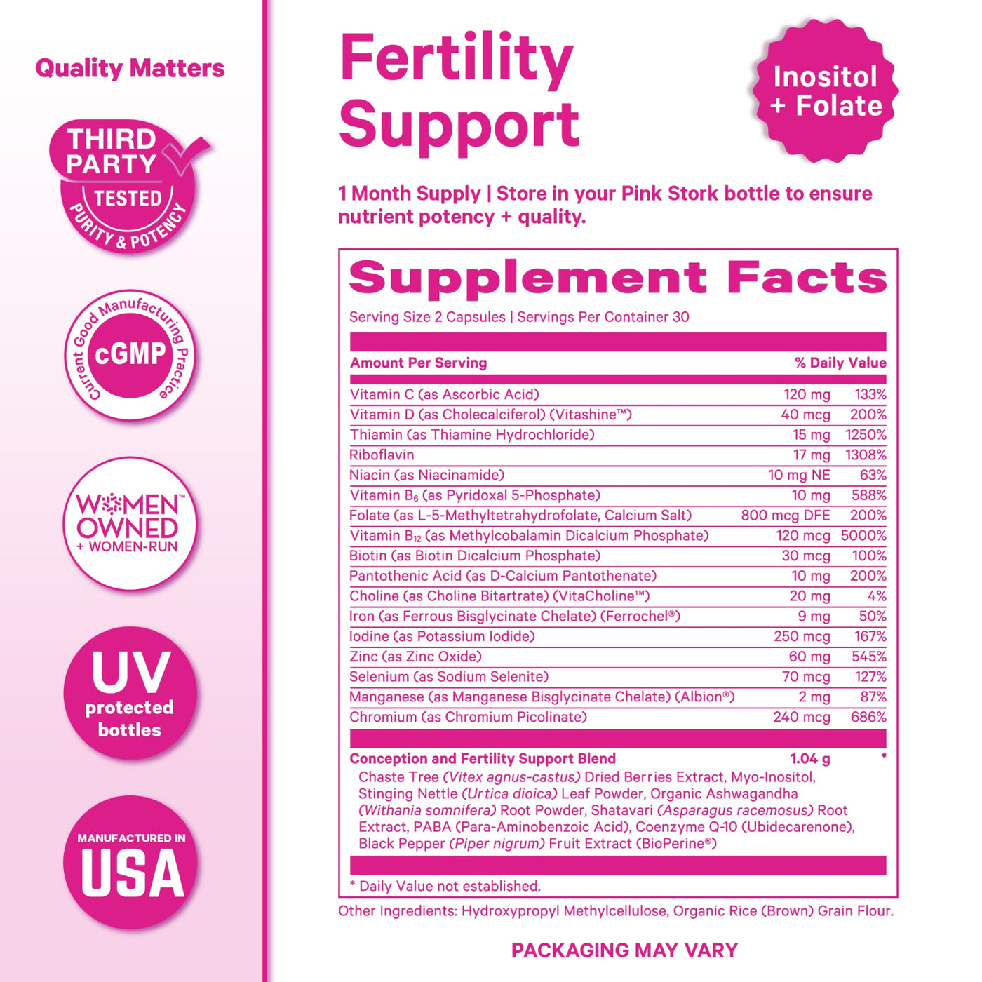 A pink and white product packaging label for Fertility Support supplement, showing supplement facts, ingredients, and branding on a white background.