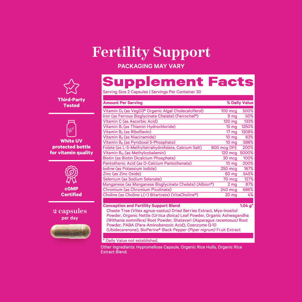 Pink Stork Fertility Support supplement facts panel.