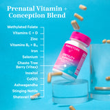 Pink Stork Ferility Support bottle on clear prism with capsules falling around it on a blue background. Prenatal vitamin + conception blend with listed out ingredients.