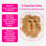 2 vitamin capsules on a pile of supplement powder. 2 capsules daily - 3 months for optimal results.