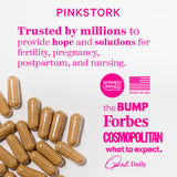 Overhead view of supplement capsules spread out in the corner with logos of press that Pink Stork has been featured in. Women owned + run. Based in the USA.