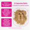 2 vitamin capsules on a pile of supplement powder. 2 capsules daily - 3 months for optimal results.