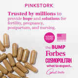 Overhead view of supplement capsules spread out in the corner with logos of press that Pink Stork has been featured in. Women owned + run. Based in the USA.