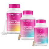 Pink Stork Fertility Regimen. Includes Total Monolaurin, Fertility Probiotic, and Fertility Support.