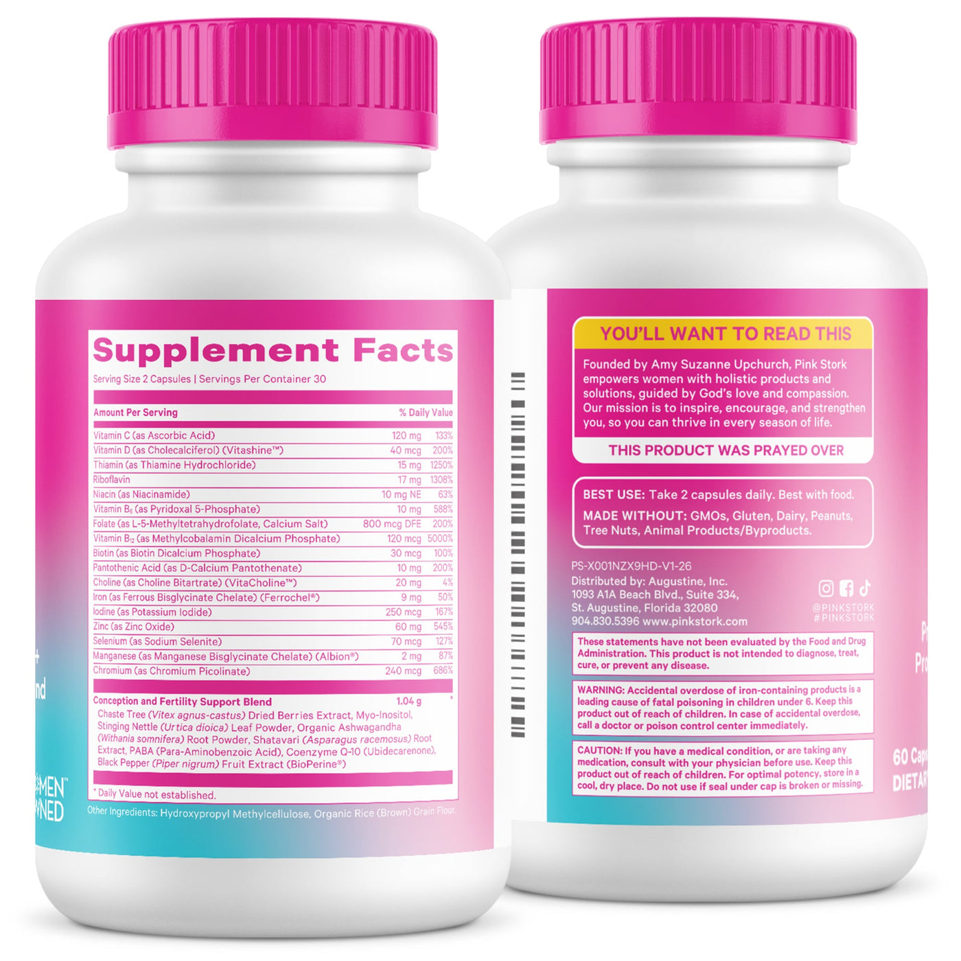 Two white supplement bottles with bright pink caps, showing the back labels of a dietary supplement. The left bottle displays the 'Supplement Facts' panel, and the right bottle shows the 'You'll Want to Read' section.
