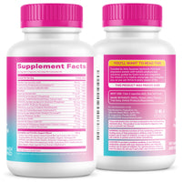 Two white supplement bottles with bright pink caps, showing the back labels of a dietary supplement. The left bottle displays the 'Supplement Facts' panel, and the right bottle shows the 'You'll Want to Read' section.