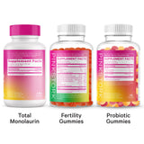 Pink Stork Fertility Gummy Regimen contains Total Monolaurin, Probiotic Gummies, and Fertility Gummies. Supplement facts.