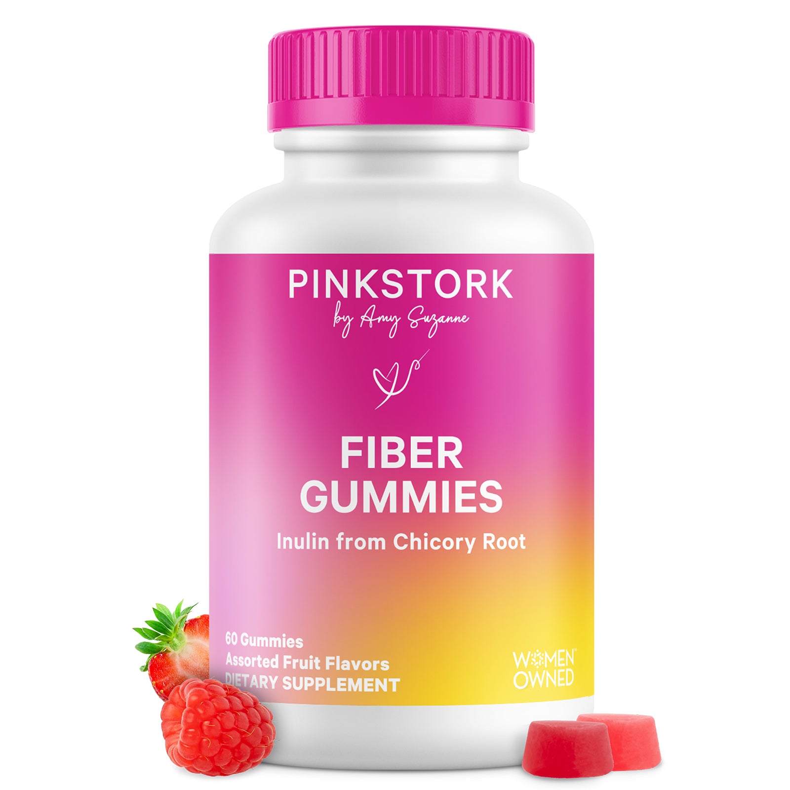 Pink Stork Fiber Gummies bottle with pink cap and gradient label on a white background