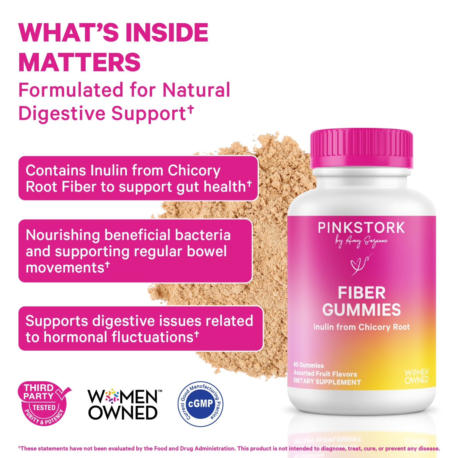 Pink Stork Fiber Gummies bottle with text on natural digestive support on a white background