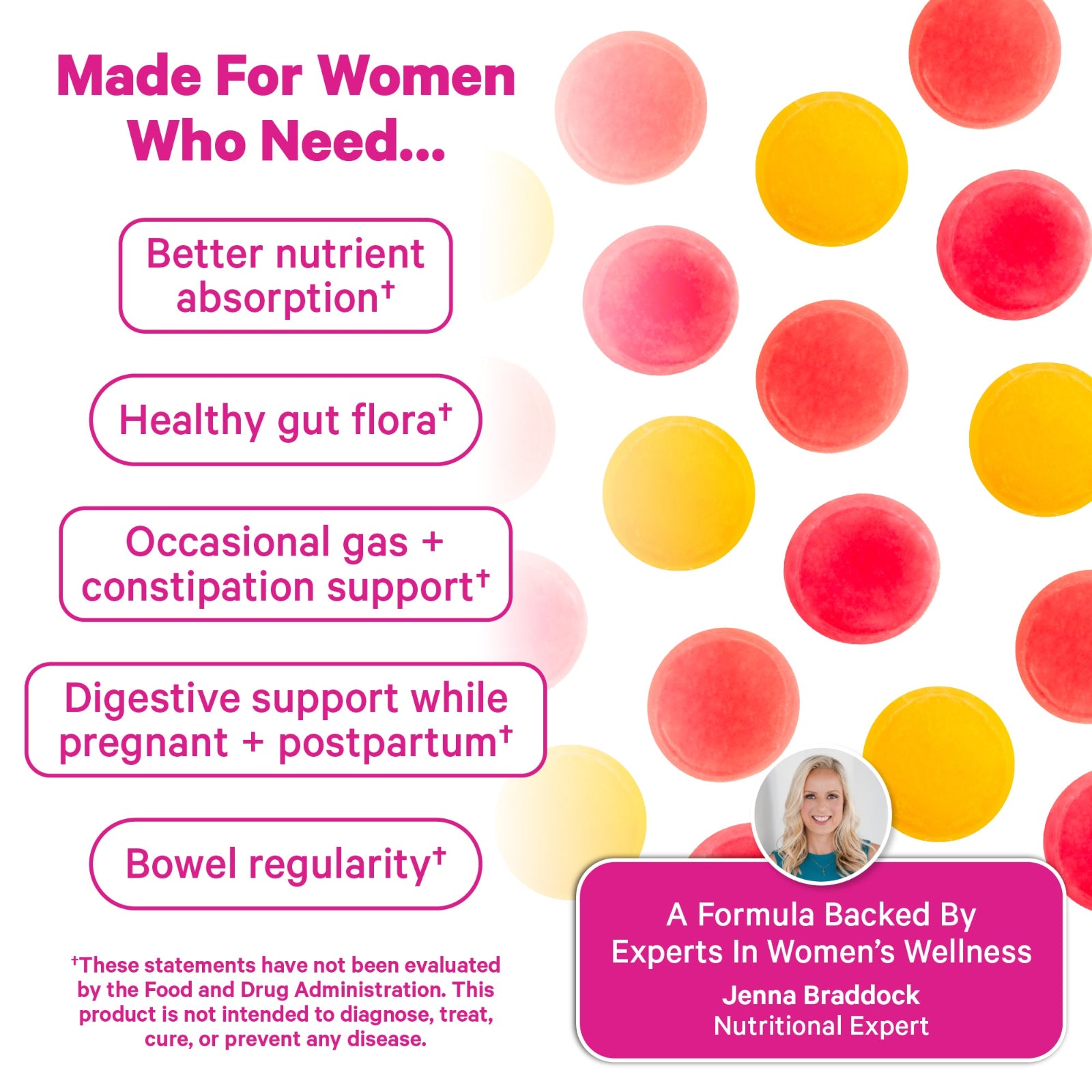 Product packaging with colorful circles and text about women's health benefits on a white background.