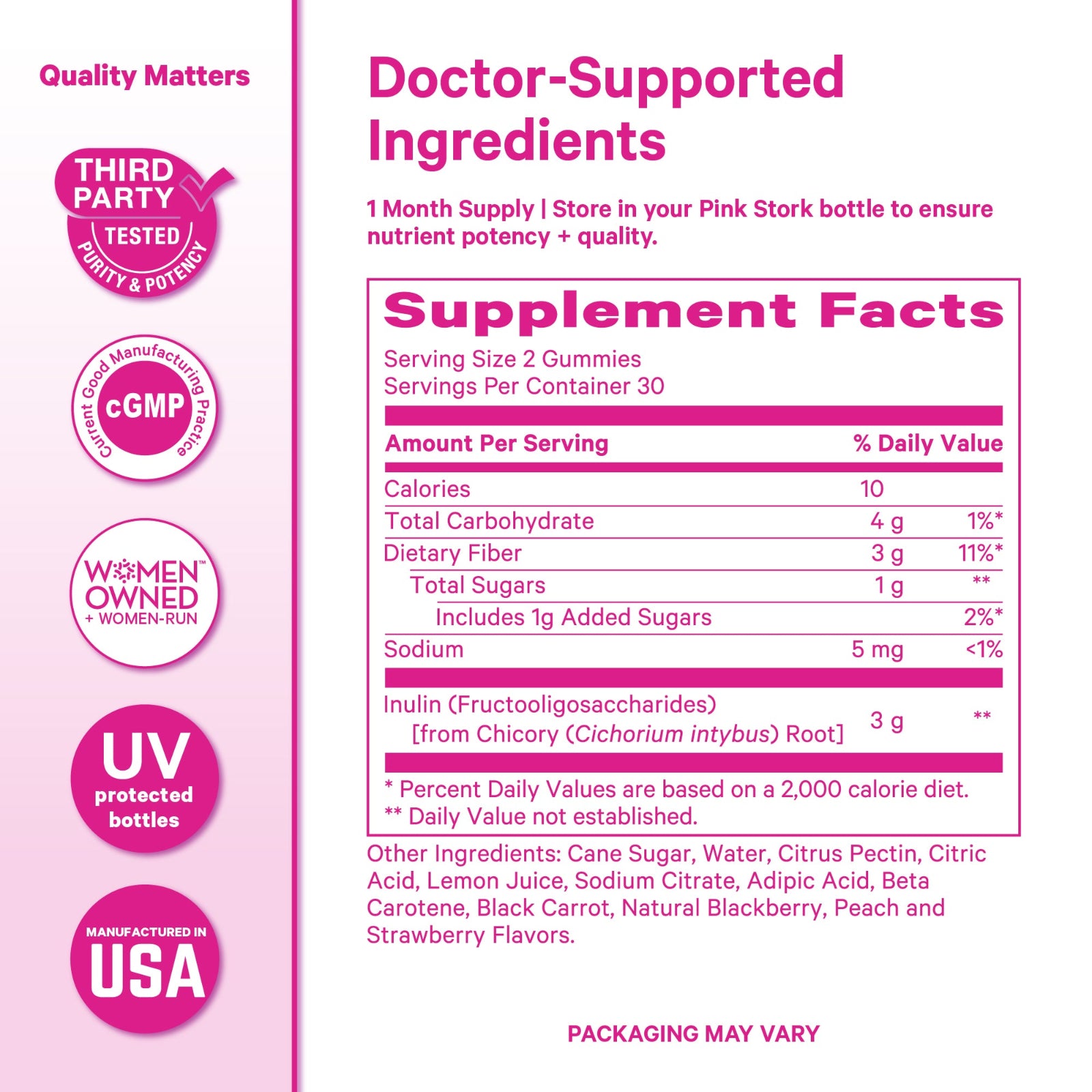 Supplement facts label with pink and white design, featuring 'Doctor-Supported Ingredients' and 'Third Party Tested' text.