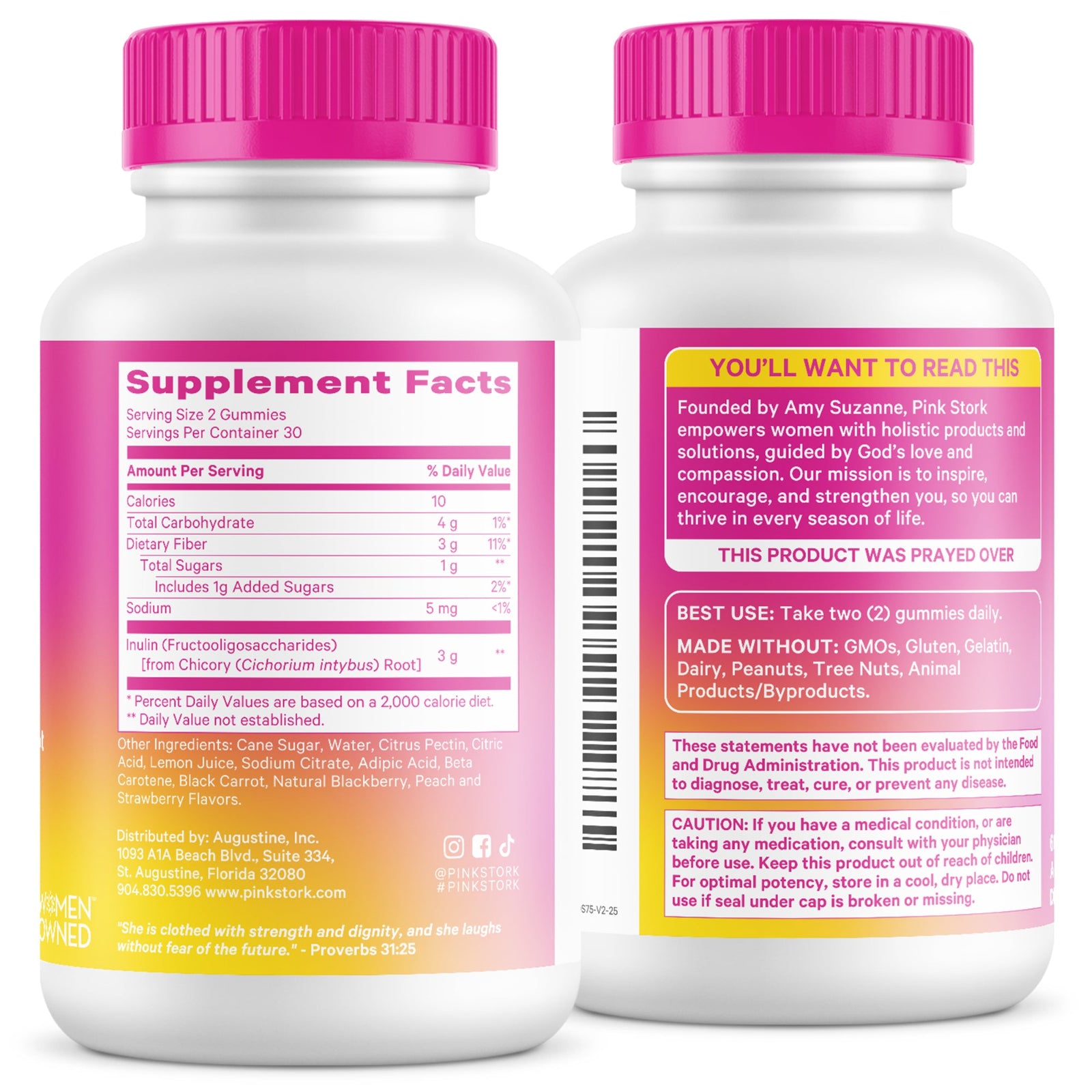 Two supplement bottles with pink caps and labels on a white background