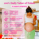 A pregnant woman holding a slice of watermelon and looking down at her belly. 100% Daily Value of Folate. 