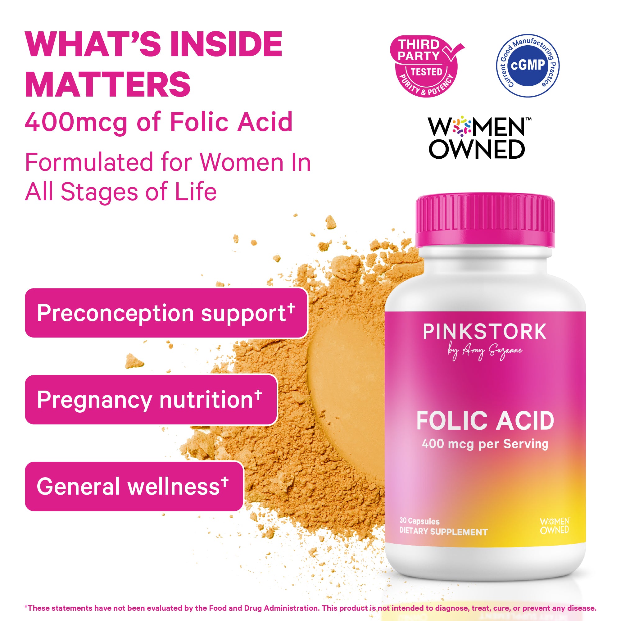 Pink Stork Folic Acid supplement providing 400 mcg folic acid per serving for women’s wellness support.
