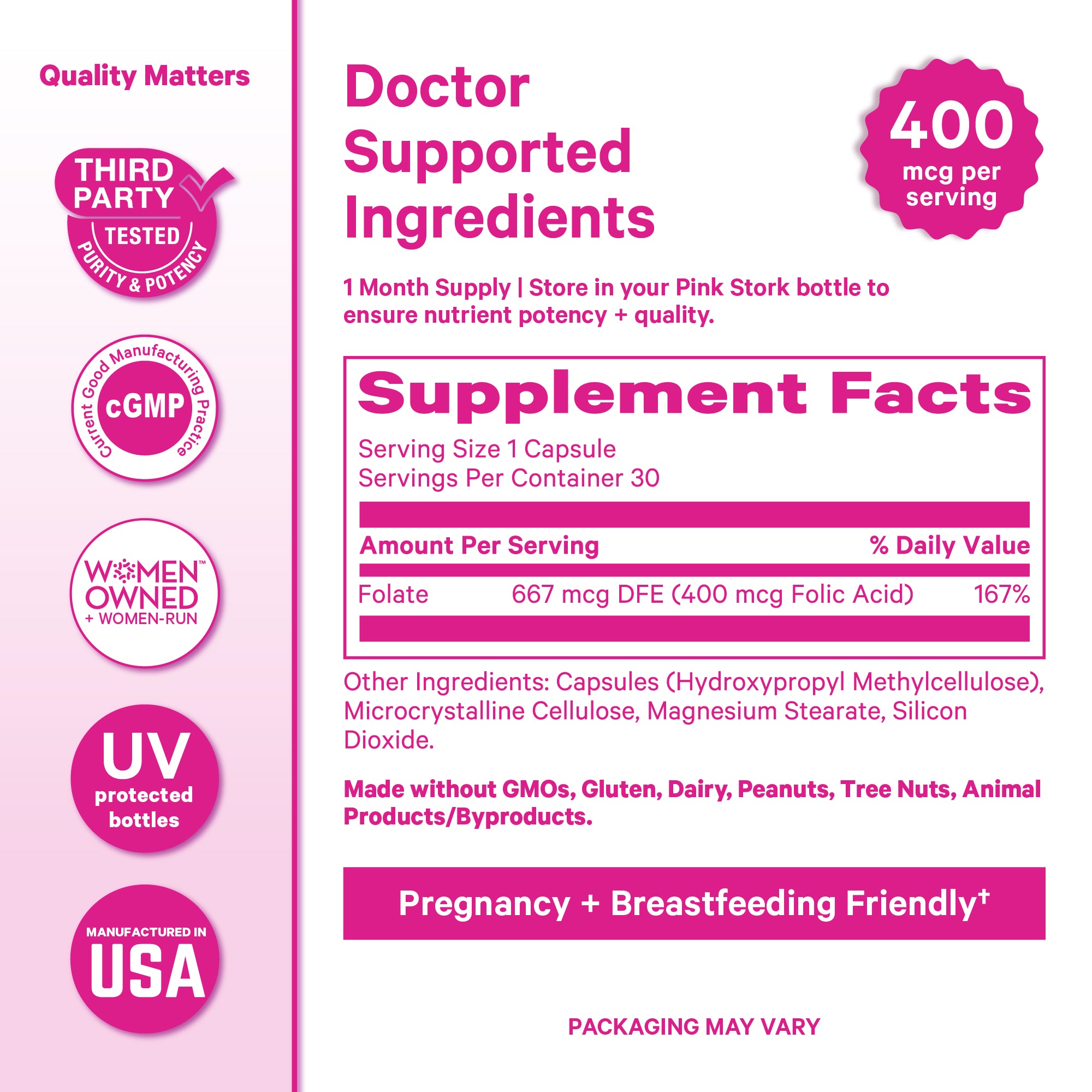 Pink Stork Folic Acid supplement facts panel showing 667 mcg 
