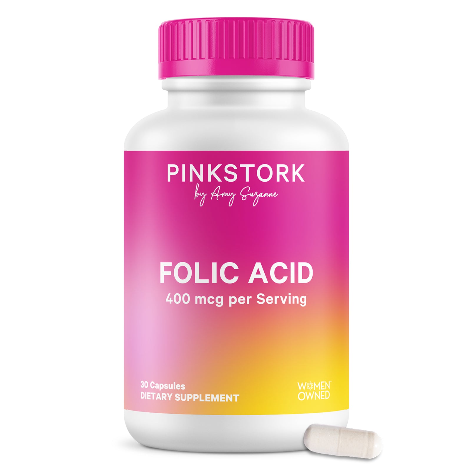 Front image of a folic acid supplement bottle