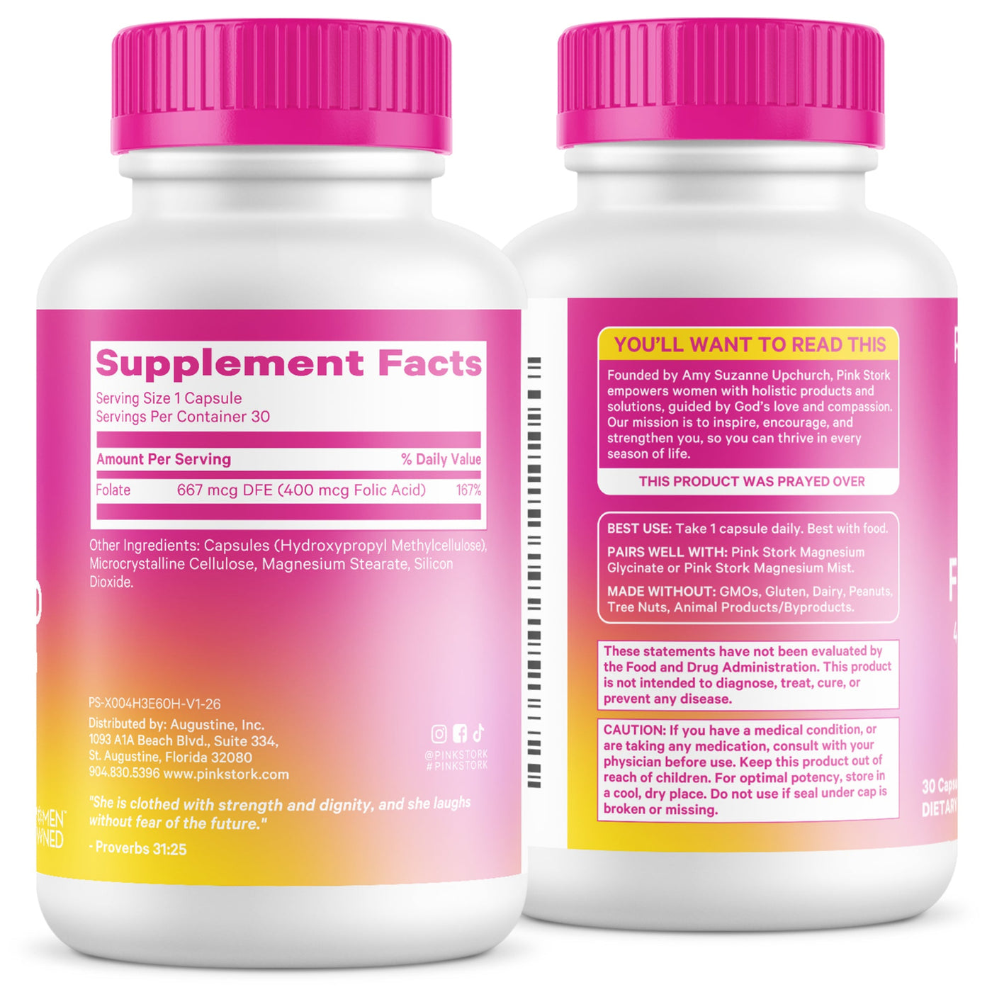 Two white plastic supplement bottles with bright pink caps, showing the front and back labels of a dietary supplement. The labels feature a pink-to-yellow gradient with white text detailing the supplement facts and usage instructions.