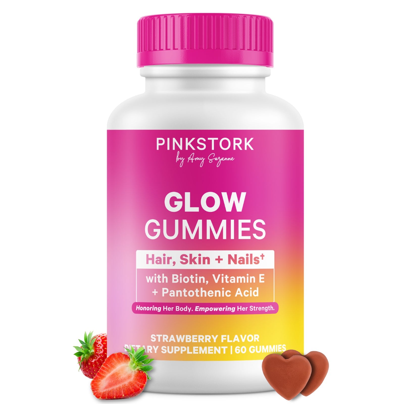 Bottle of Pink Stork Glow Gummies with pink cap and gradient label on a white background