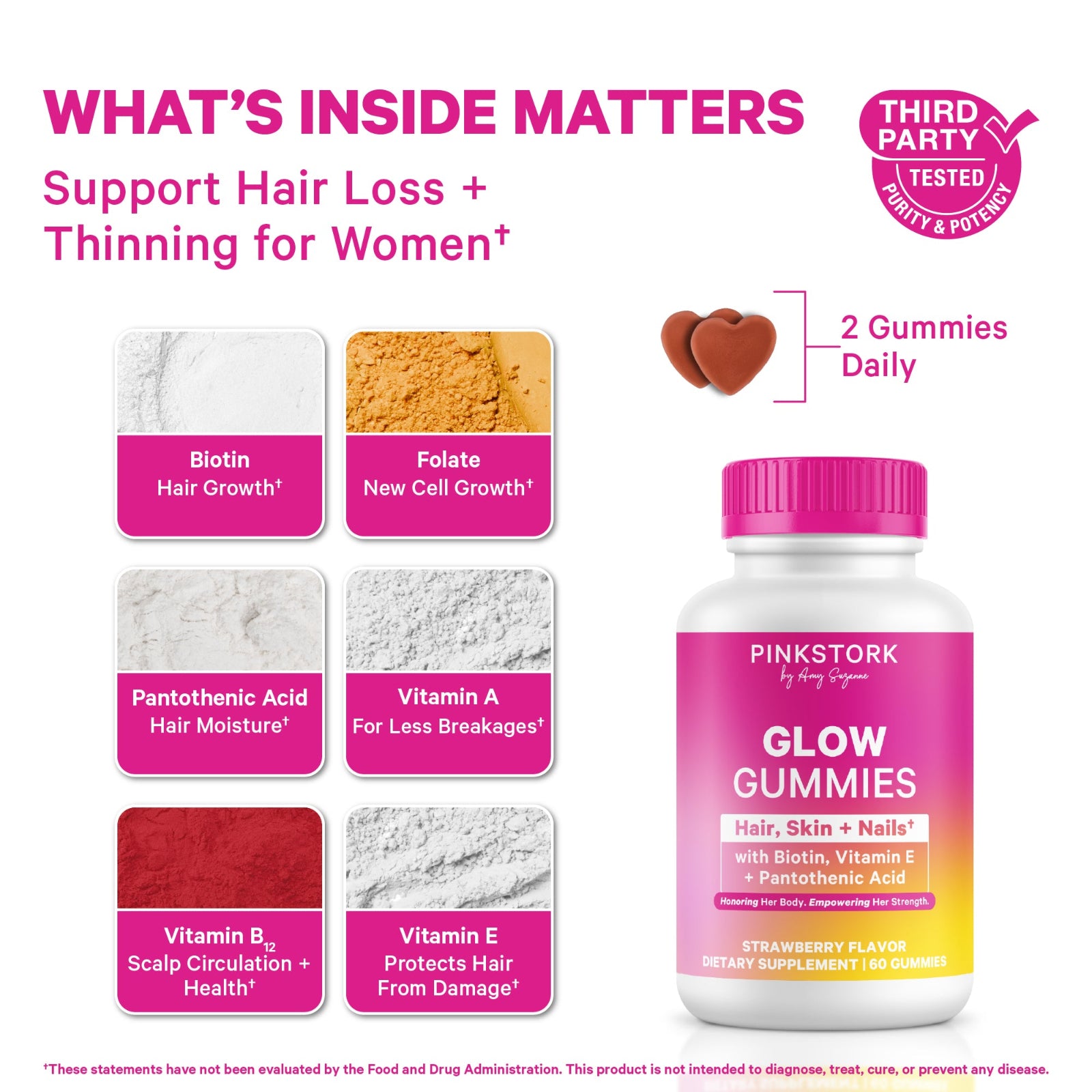 Pink Stork Glow Gummies supplement bottle with ingredients and benefits on a white background