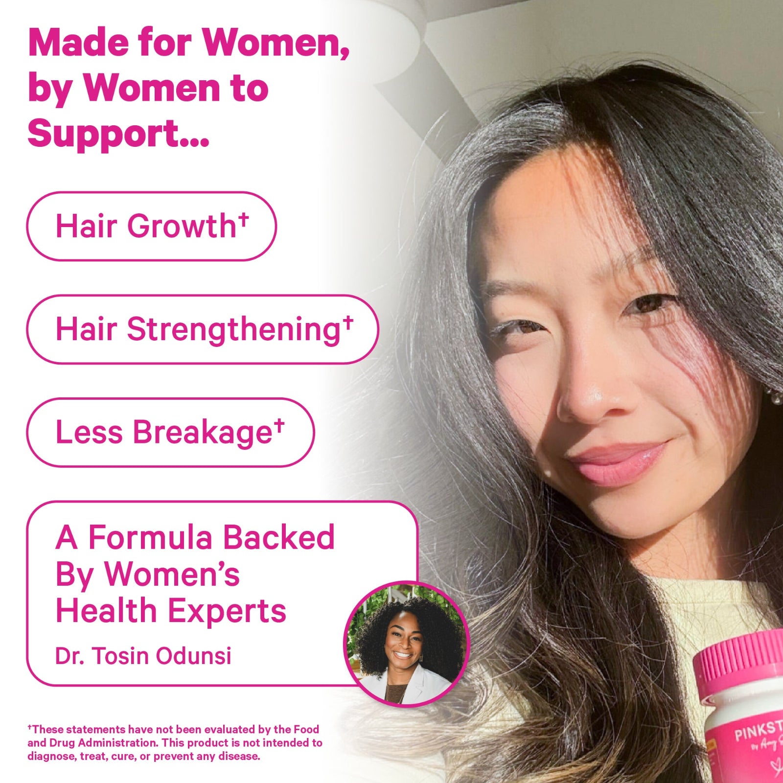 Woman with long hair next to product container with text about hair care benefits and expert endorsement.