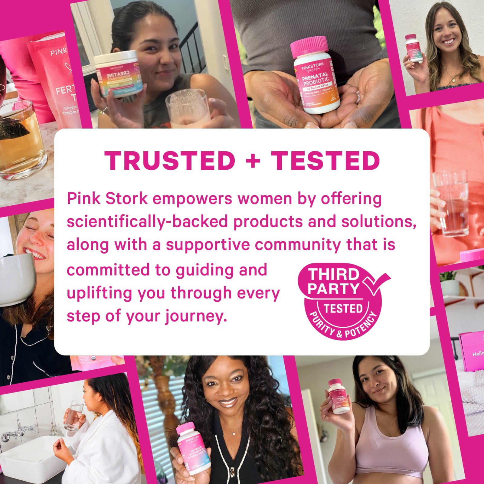 Collage of women holding Pink Stork products with promotional text about the brand's trustworthiness and support.