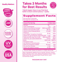 Supplement label with pink and white design, featuring supplement facts and quality assurance information.