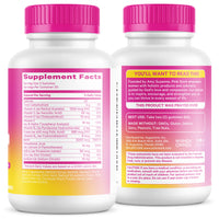 Two supplement bottles with pink caps and labels on a white background