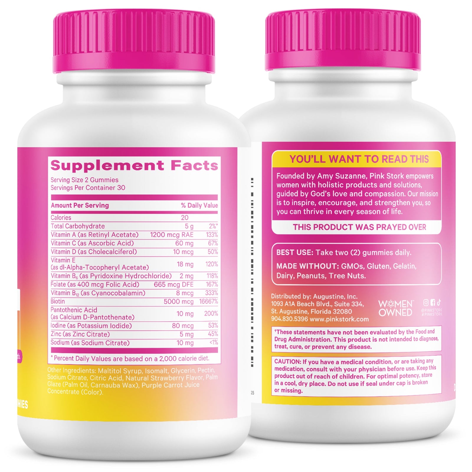 Two supplement bottles with pink caps and labels on a white background