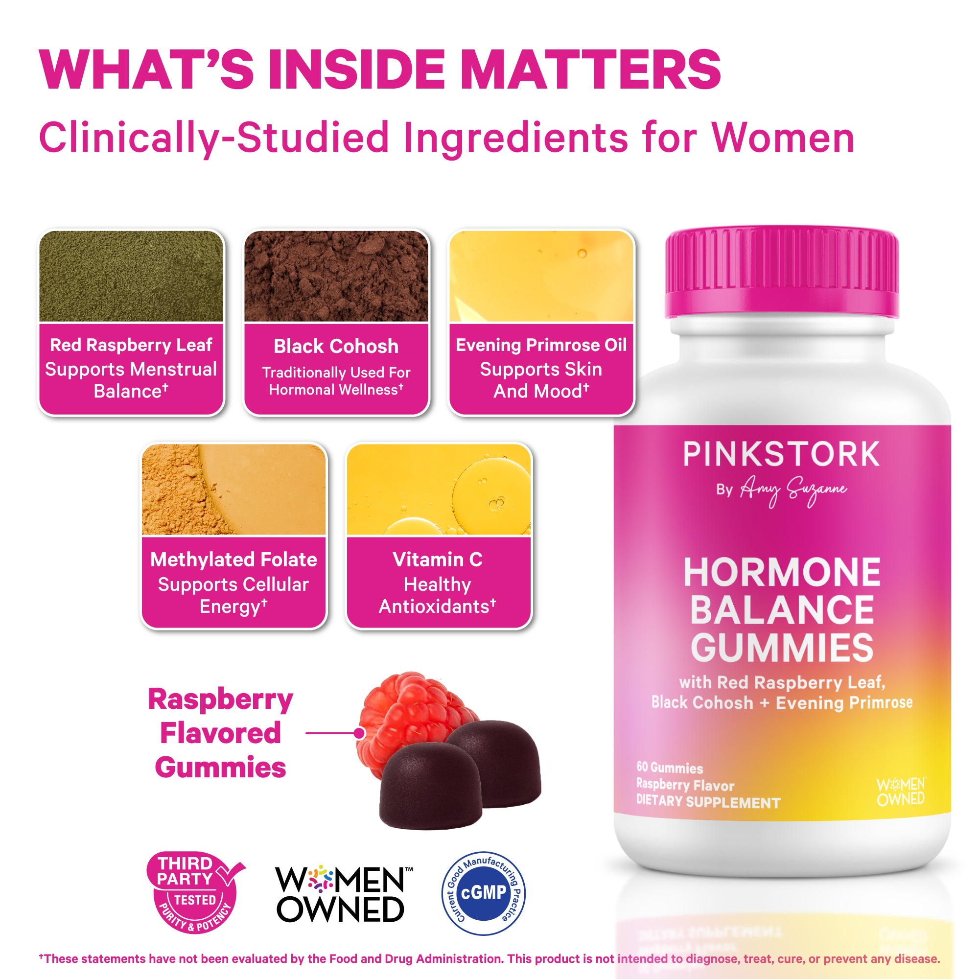 Pink Stork Hormone Balance Gummies bottle shown with images of key ingredients including red raspberry leaf, black cohosh, evening primrose oil, folate, and vitamin C.
