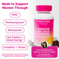 Pink Stork Hormone Balance Gummies bottle shown with text describing support.