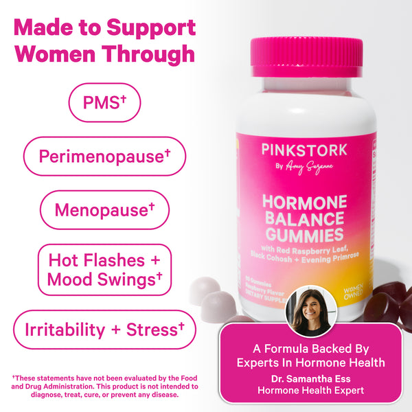 Pink Stork Hormone Balance Gummies bottle shown with text describing support.