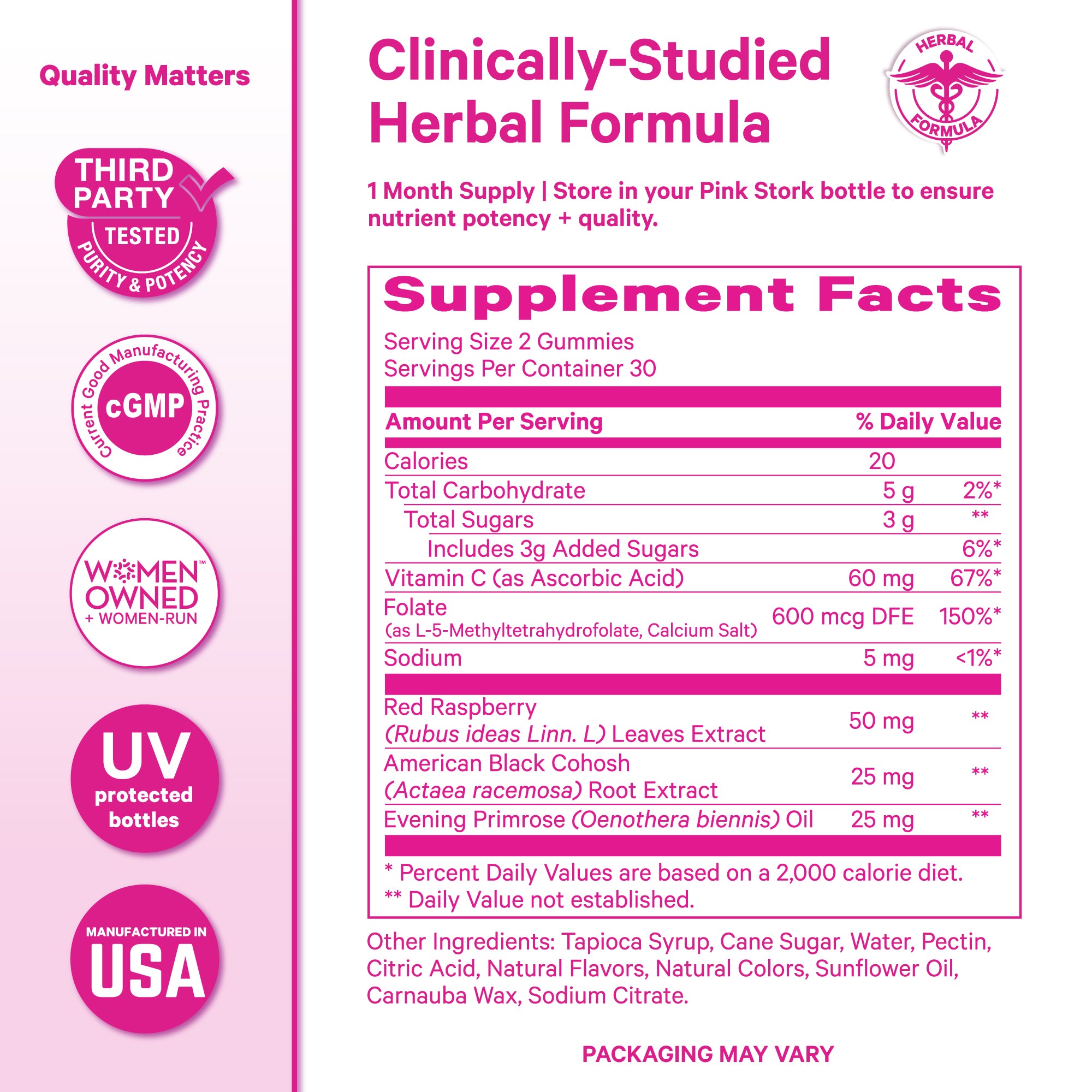 Supplement Facts label for Pink Stork Hormone Balance Gummies showing ingredients, dosage, and manufacturing quality icons.