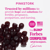 Pile of gummies spilling across the bottom left corner. List of logos of press that Pink Stork has been featured in.