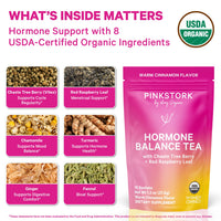 Pink Stork Hormone Balance Tea packaging with USDA Organic label and ingredients listed.