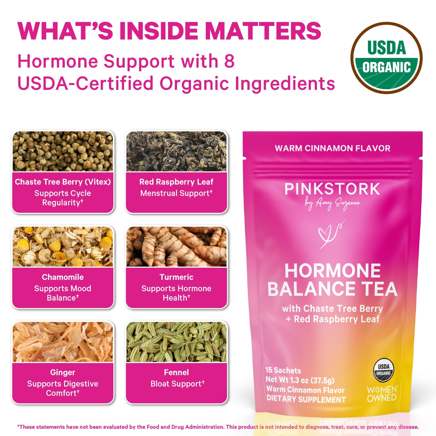 Pink Stork Hormone Balance Tea packaging with USDA Organic label and ingredients listed.
