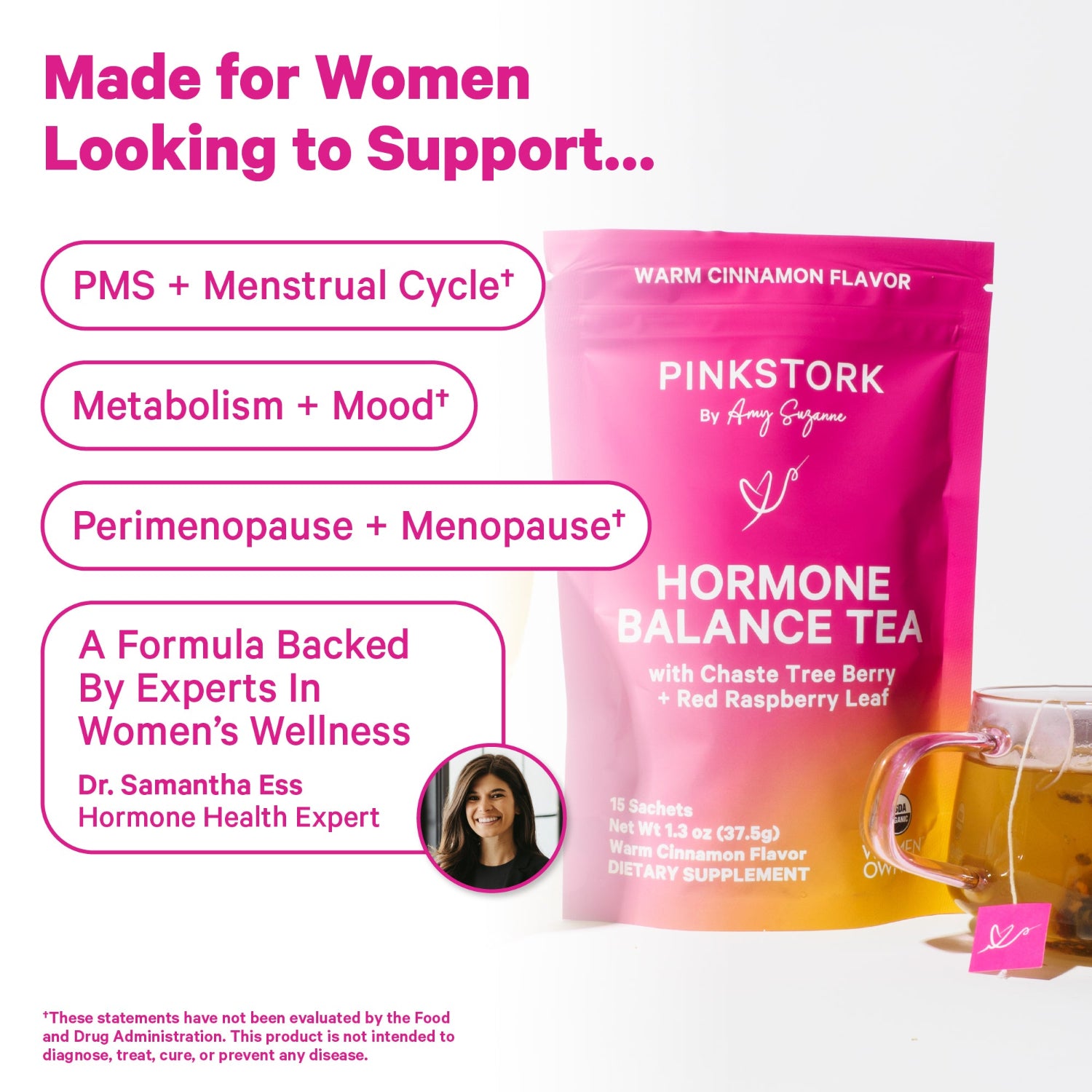 Pink Stork Hormone Balance Tea packaging with promotional text on a white background