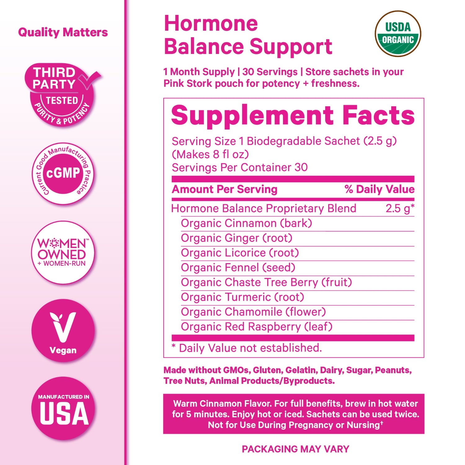 Supplement label for hormone balance support with USDA Organic logo and supplement facts.